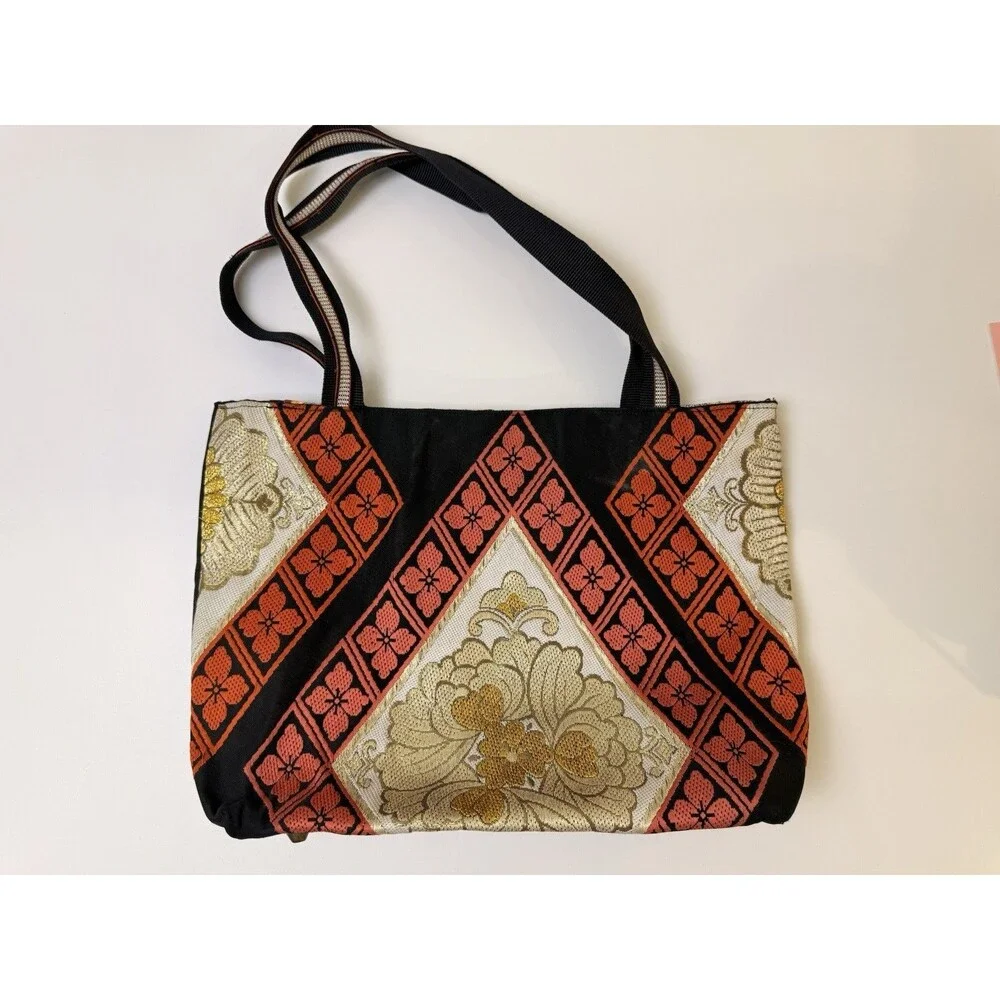 Vintage Silk Tote Bag Purse Japan Black Gold Floral One of a Kind VTG